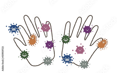 手に付いたバイキンのイラスト / Illustration of Germs on Hands
