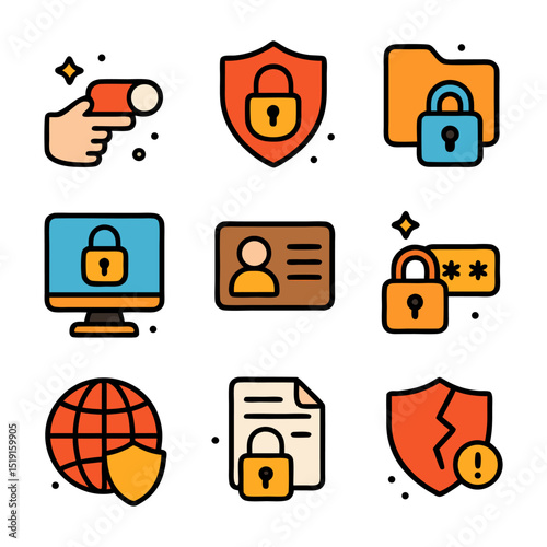Nine security and protection icons ideal for websites, apps, and presentations focused on safety measures and secure systems design.