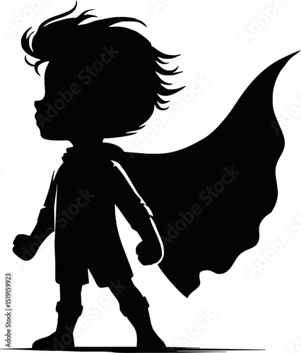 Silhouette of a superhero child with cape blowing in the wind
 vector isolated on white background