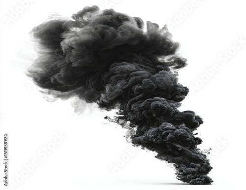 A digitally rendered image of a dark grey and black smoke plume, swirling and rising against a stark white background, exhibiting a dynamic, three-dimensional texture