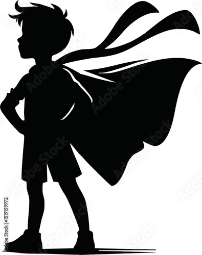 Silhouette of a superhero child with cape blowing in the wind
 vector isolated on white background