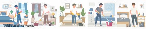 vector of a young man cleaning the bedroom