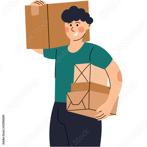 Man holding boxes in hands or delivering packages. Man holding cardboard boxes , representing delivery or moving service.
