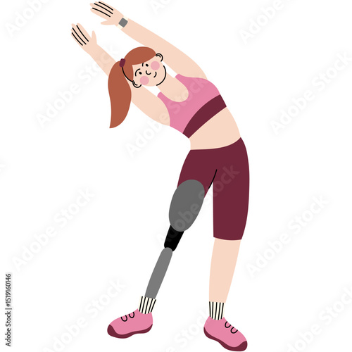 Athletic woman exercising with a prosthetic leg. Vector illustration promotes body positivity, adaptive fitness, and an active lifestyle for people with disabilities.