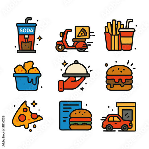 Set of food delivery icons suitable for restaurant websites, mobile apps, menus, and promotional materials. Perfect for digital designs.