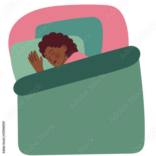 Woman sleeping peacefully. Flat style illustration representing rest, relaxation, healthy sleep, and bedtime routine.