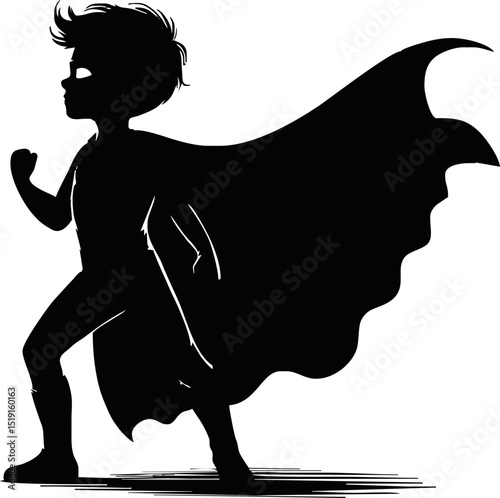 Silhouette of a superhero child with cape blowing in the wind
 vector isolated on white background