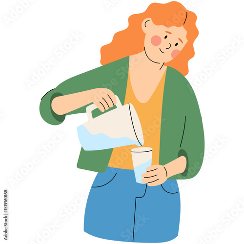Woman pouring water into a glass. Healthy lifestyle and hydration concept. Flat vector illustration for wellness, routine, and daily habits.