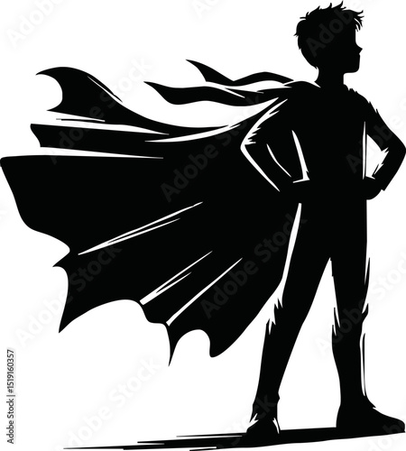 Silhouette of a superhero child with cape blowing in the wind
 vector isolated on white background