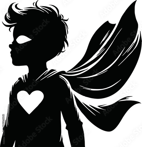Silhouette of a superhero child with cape blowing in the wind
 vector isolated on white background