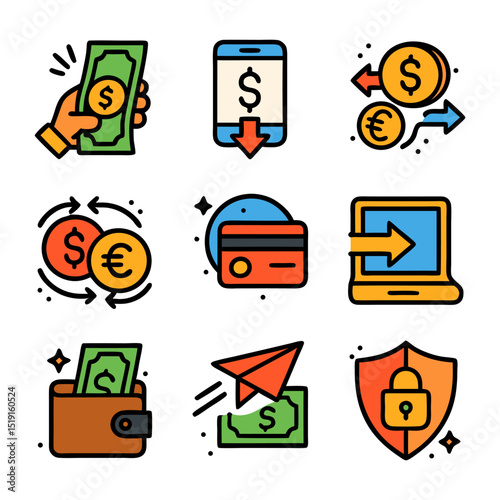 Icons representing different financial transactions. Ideal for websites, apps, or presentations related to banking, investing, or money management.