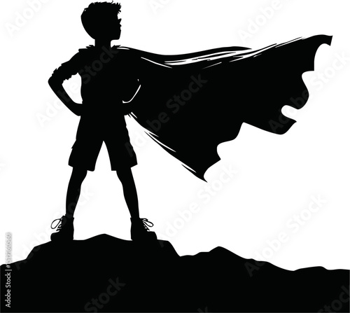 Silhouette of a superhero child with cape blowing in the wind
 vector isolated on white background