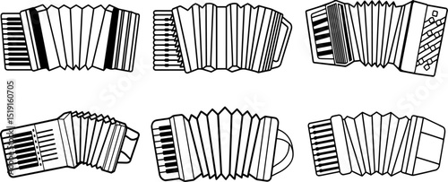 Set of Accordion black outline vector and illustration, coloring book page
