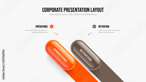 Advertising Performance 2 Option Diagram Slideshow Template. Enterprise Showcase Two Element Infographic Slide Layout. Professional Solution Presentation Design Vector Illustration.