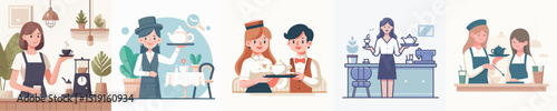 vector of a woman being a waitress in a cafe