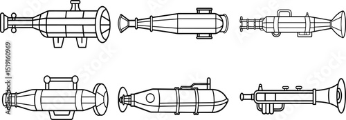 Set of Bombarde black outline vector and illustration, coloring book page
