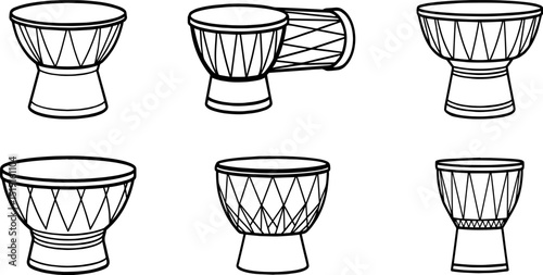 Set of Djembe black outline vector and illustration, coloring book page

