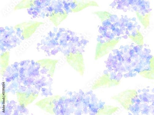 Fototapeta Naklejka Na Ścianę i Meble -  紫の紫陽花と葉っぱ模様の背景素材イラスト！