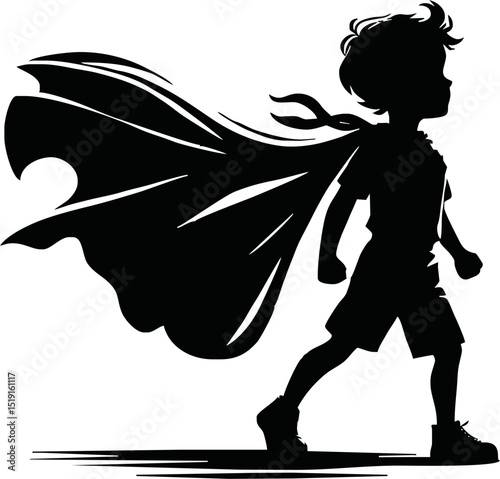 Silhouette of a superhero child with cape blowing in the wind
 vector isolated on white background