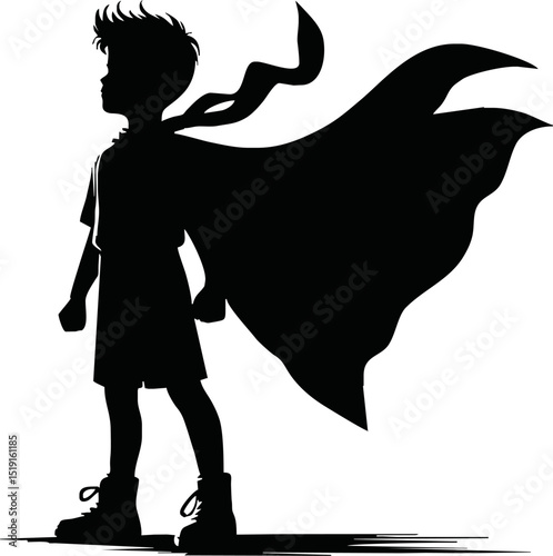 Silhouette of a superhero child with cape blowing in the wind
 vector isolated on white background