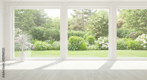 Bright White Room with Large Windows Showcasing a Lush Green Landscape