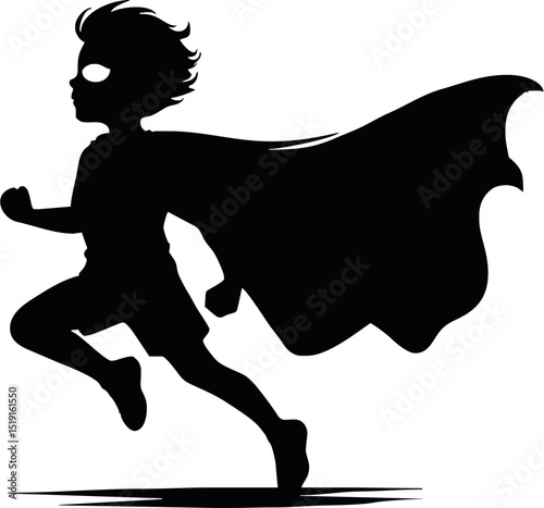 Silhouette of a superhero child with cape blowing in the wind
 vector isolated on white background