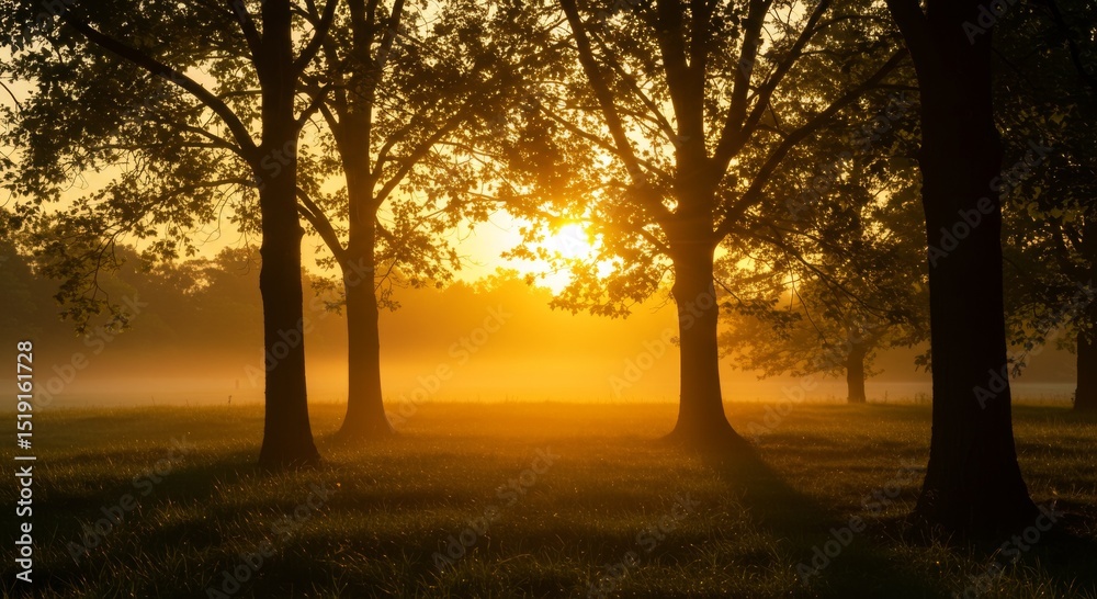 Golden Sunrise Through Silhouetted Trees in a Misty Field Golden Sunrise Through Silhouetted Trees in a Misty Field