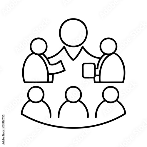 Line art illustration depicting a collaborative team meeting with an insightful presentation.