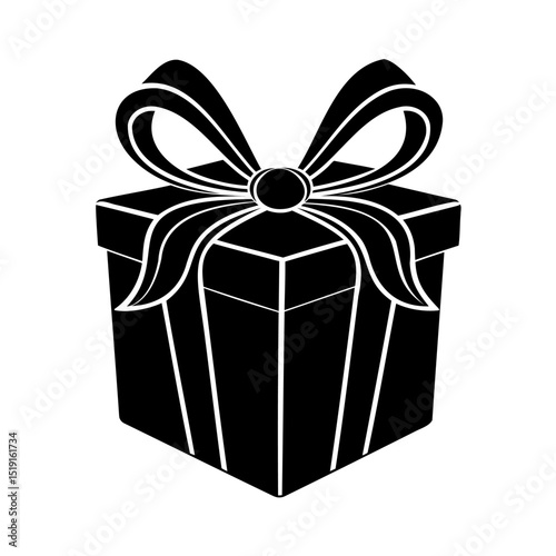 Elegant black and white gift box illustration depicting surprise and celebrations in a simple style
