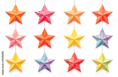 Colored stars on white background, garlands, holiday, festive background