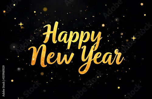 Sign with gold shiny letters on a black background HAPPY NEW YEAR, greetings, holidays
