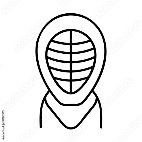 Simple black and white illustration of a kendo helmet suitable for martial arts design