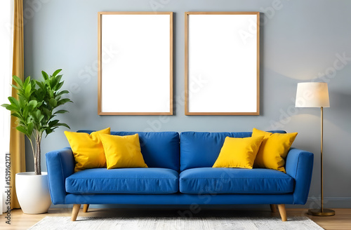 Two wooden vertical frames mockup, mockups, living room with blue sofa, yellow pillow, empty vertical mockups for pictures in the living room, white empty space for picture on the wall