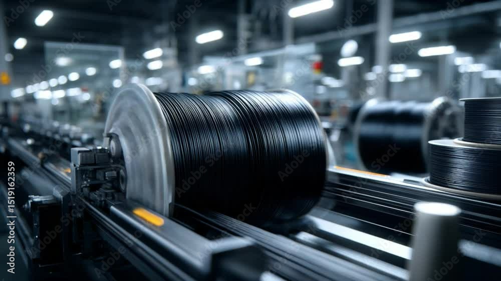 Precision in Production: A captivating industrial tableau unfolds, showcasing the intricate process of cable manufacturing, where massive spools of black cable roll methodically.