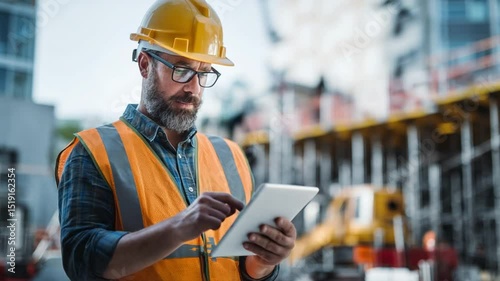 Construction Site Supervisor: A seasoned supervisor, clad in essential safety gear, meticulously reviews project details on a modern tablet at the heart of a bustling construction site.