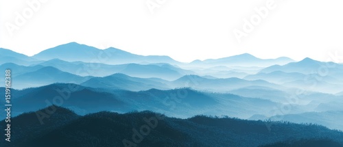Serene vista of layered, hazy blue mountains fading into a bright white sky, suggesting a vast, tranquil landscape