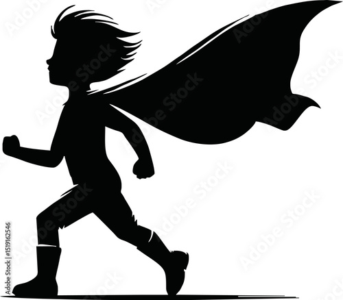 Silhouette of a superhero child with cape blowing in the wind
 vector isolated on white background