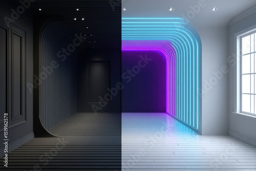 A split image showcasing a room's transformation from dark to vibrant with neon lighting.  Curved wall features and contrasting floor tones highlight the mood shift