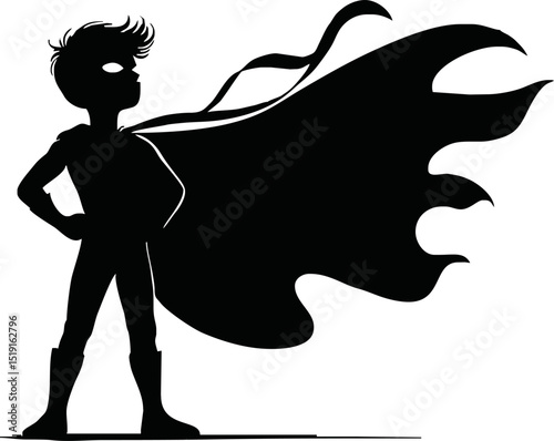Silhouette of a superhero child with cape blowing in the wind
 vector isolated on white background