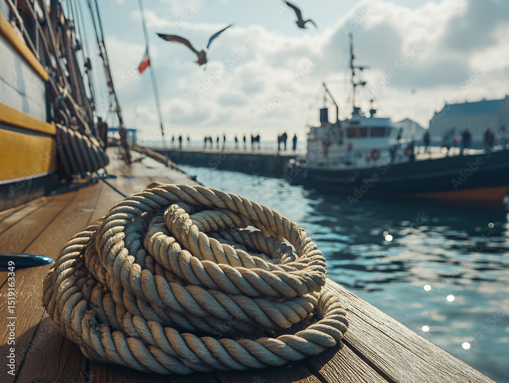 Obraz premium View from onboard a sailing ship docked at Tallinn harbor during Maritime Days. Coiled ropes, wooden deck, people walking on the pier in the background, seagulls flying overhead.