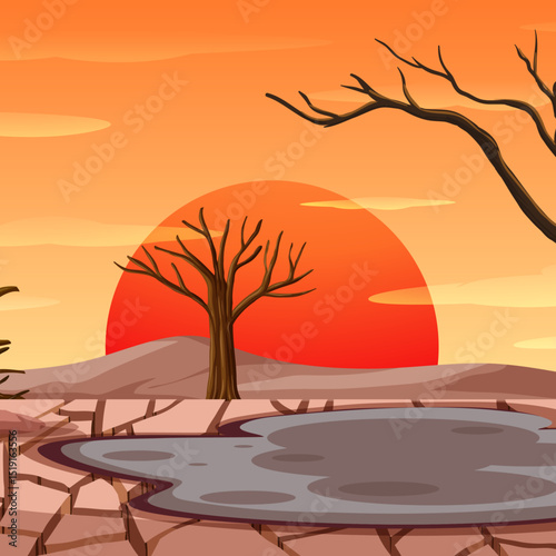 A dramatic vector illustration of a cracked, dry landscape with a setting sun and barren trees. Perfect for climate change, drought, desert, or nature projects