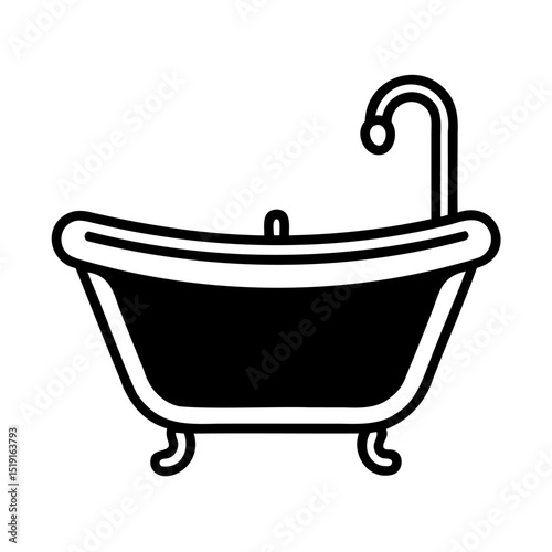 Simple black and white illustration of a classic bathtub with faucet design element