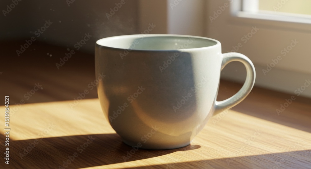 White Ceramic Mug with Steam on Wooden Table in Sunlight White Ceramic Mug with Steam on Wooden Table in Sunlight