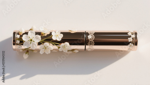 Elegant Rose Gold Mascara Tube Adorned with Delicate White Cherry Blossoms