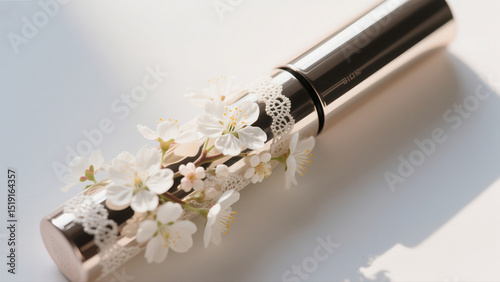 Elegant Mascara Tube Adorned with Delicate White Flowers and Lace Detailing