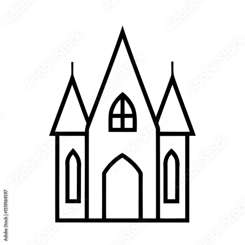 Simple black and white drawing of a gothic style church building on a white background