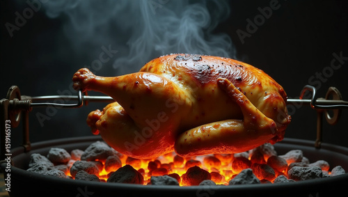 Whole grilled chicken with a crispy golden crust, freshly roasted over open charcoal grill. Juicy barbecue dish perfect for summer cookouts and food promotions.
