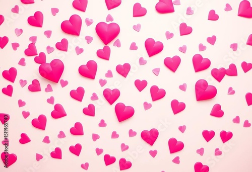 Pastel pink background strewn with pink hearts; Valentine's Day flat lay , festive, spring