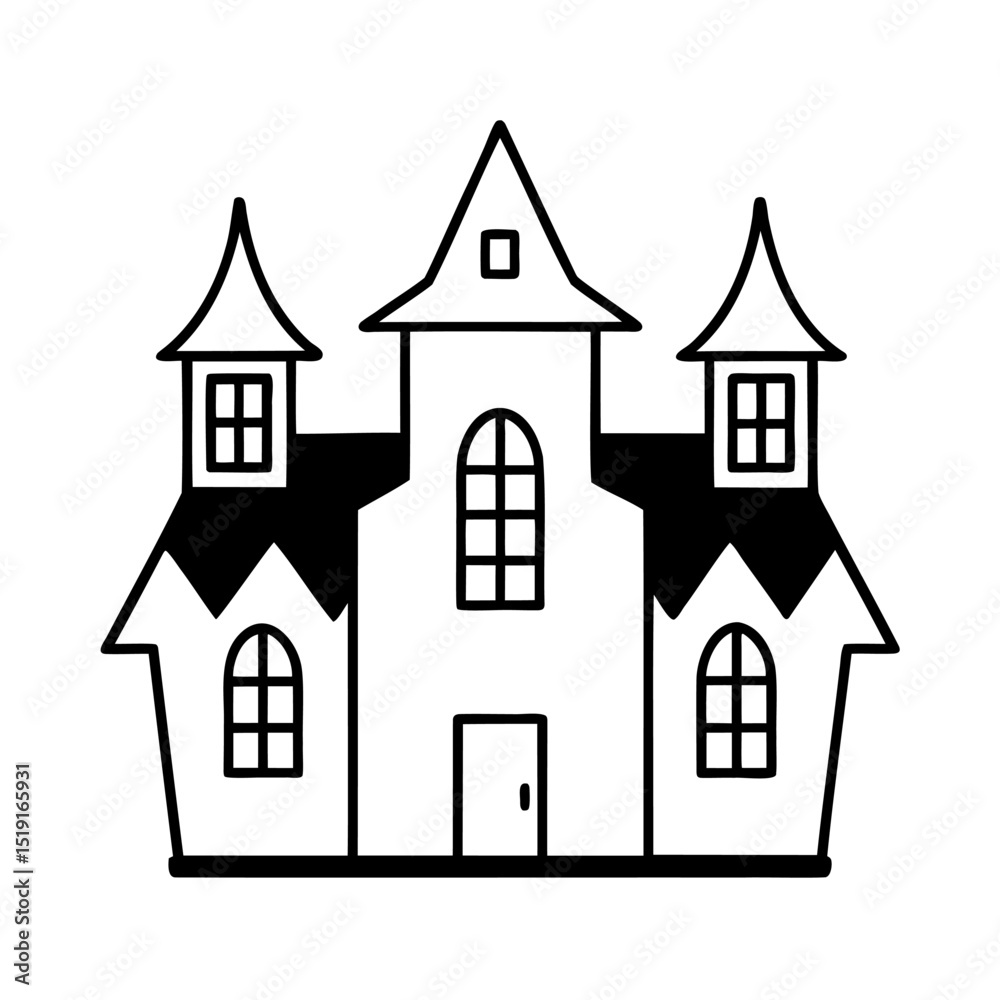 Simple black and white illustration of a spooky haunted house for halloween celebration
