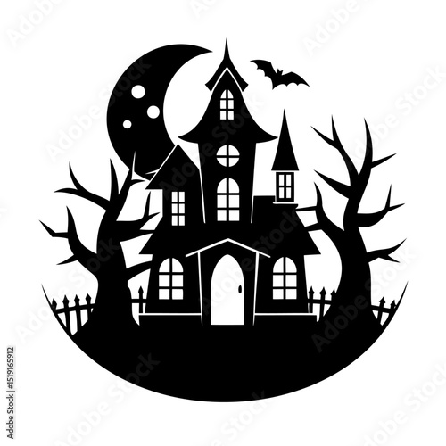 Spooky silhouette of a haunted house with full moon bat and creepy tree silhouettes